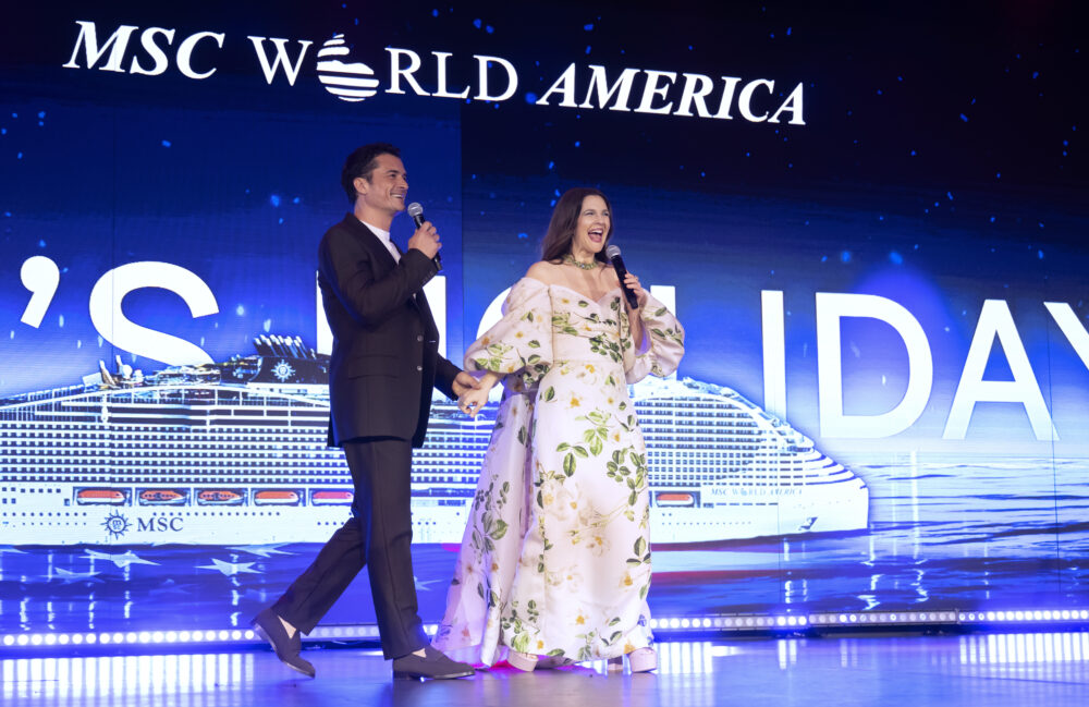 Miami MSC World America Naming Ceremony Drew Barrymore Godmother accompanied by Orlando Bloom