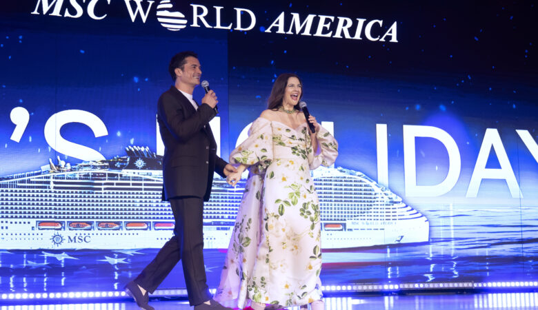 Miami MSC World America Naming Ceremony Drew Barrymore Godmother accompanied by Orlando Bloom